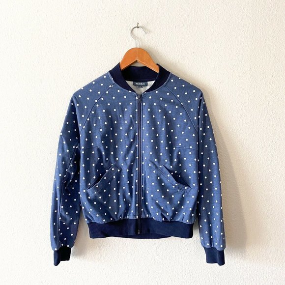 Modcloth Seen Around town blue white polka dot bomber jacket S - Picture 2 of 5
